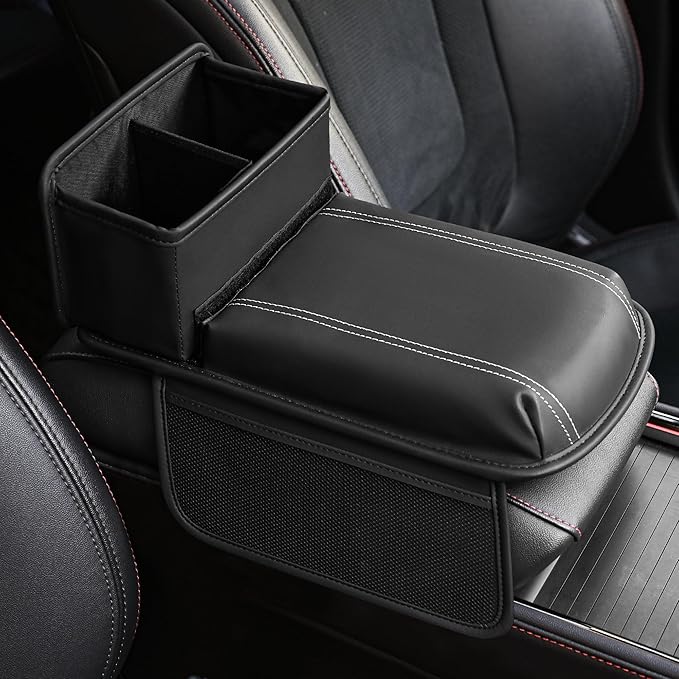 JEYODA Upgraded Car Armrest Cover,Premium Leather Car Armrest Cover Cushion with Storage Holder, Caddy for car (black)