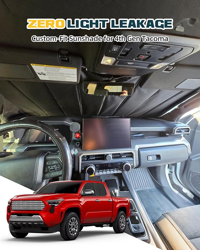 Trumgeta Custom Fit Windshield Sun Shade Fit for Toyota Tacoma 2024 2025 2026, Complete Light & UV Blocking Foldable Sunshade 4th Gen Tacoma Accessories