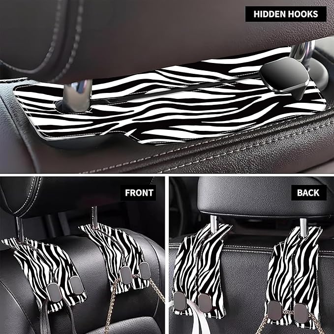 AEWNUNK Purse Hook for Car Abstract Black Zebra 1 Pack Headrest Back Seat Hook Premium Leather Double Metal Hanger Storage Pack Bag Purse Holder Car Interior Accessories