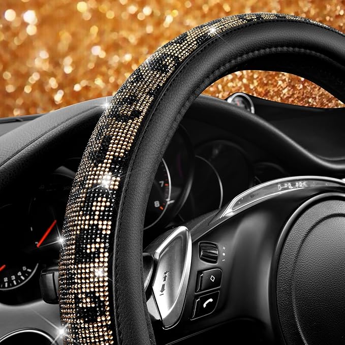 CAR PASS Bling Diamond Steering Wheel Cover Leopard Pattern, Sparkly Crystal Glitter Rhinestones Black Leather Wheel Protect for Women Girl Fit Suvs,Vans,Sedans,Cars,Trucks, 14" 1/2-15" Gold Leopard