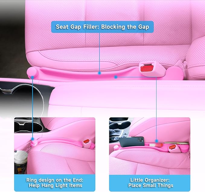 Givifive Car Seat Gap Filler Set of 2, 3IN1 Seat Side Gap Filler Plug with Storage Slot & Hook Function, Soft Foam Universal Fit Car SUV Truck Fill Gap Between Seats Console Organizer (Narrow Pink)