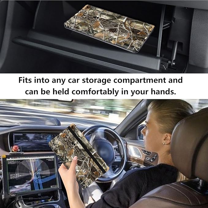 Qindaiwen Car Registration and Insurance Holder, Vehicle Card Document Elastic Band Closure Glove Box Organizer, Driver License Cards, Car Accessories for Essential Info, Camouflage Wood