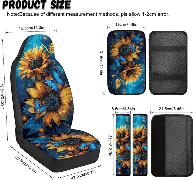 Qeluxign 5 Piece Car Accessories Set with 2 PU Leather Seat Covers, Sunflower Blue Butterfly 2 Belt Pads & 1 Armrest Cover Fit for Most Vehicles Easy Install & Clean