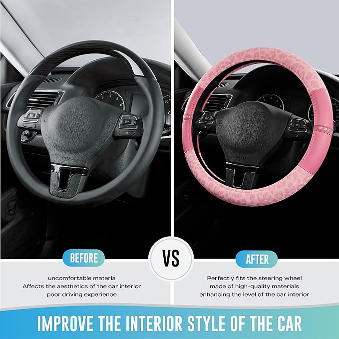Road Comforts Leopard Steering Wheel Cover - Made with PVC Leather Cheetah Print - Anti-Slip, Universal Fit 14 1/2 inches to 15 inches - Pink