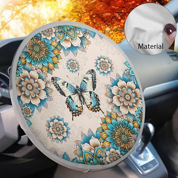Floral Butterfly Car Steering Wheel Sun Shade Cover Heat Proof Vehicle Steering Wheel Protector Sun Blocking Reflector Protector Car Interior Decor