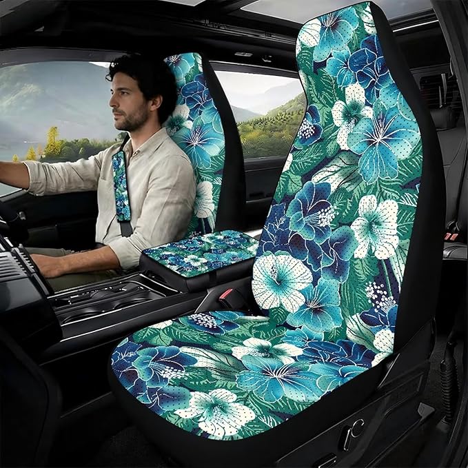 Qeluxign Hibiscus Floral Air Mesh Car Seat Covers & Accessories 5-Piece Set 2 Seat Covers, 2 Shoulder Belt Pads, 1 Console Pad PU Leather Car Interior Set for Women