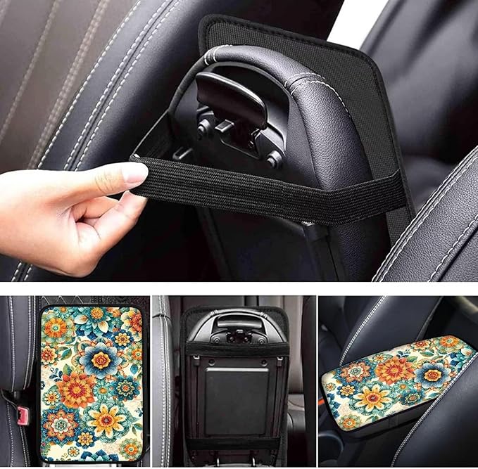 Horeset Retro Flower Non-Slip Car Armrest Cover Cushion Universal Fit Silver Automobile Center Console Pad Decor Protector