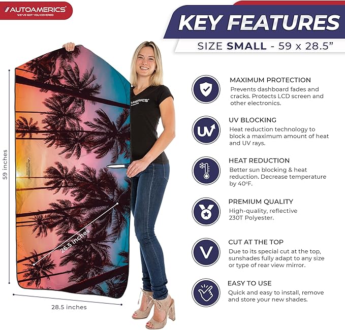 1-Piece Windshield Sun Shade - Foldable Car Front Window Sunshade for Cars SUV Truck Heat Blocker Visor Protector Blocks Max UV Rays and Keeps Your Vehicle Cool (Small = 59 x 28.5 inches, Palm Trees)