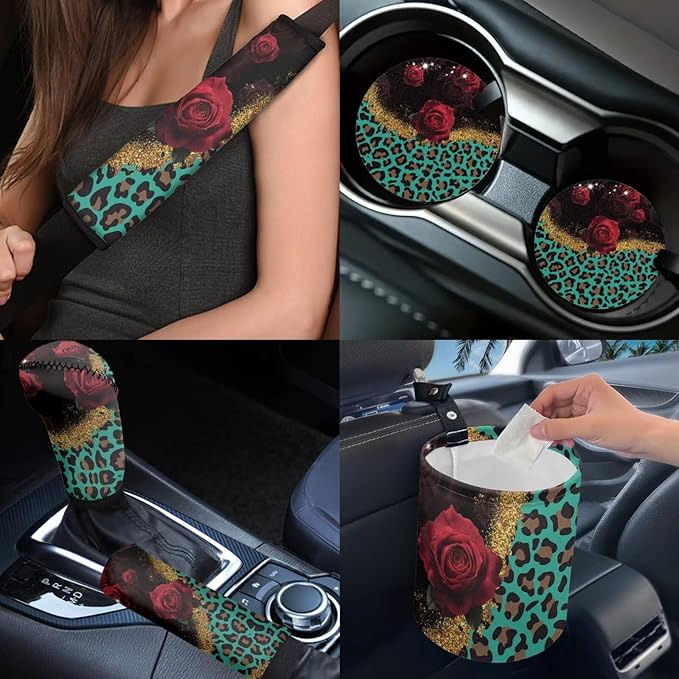 Dngkaoje Leopard Rose Print Car Seat Covers Full Set for Women Auto Interior Protector Front Back Seat Rugs 13 Pcs Leopard Steering Wheel Cover Car Armrest Pad Cover,Universal Collapsible Garbage Bin