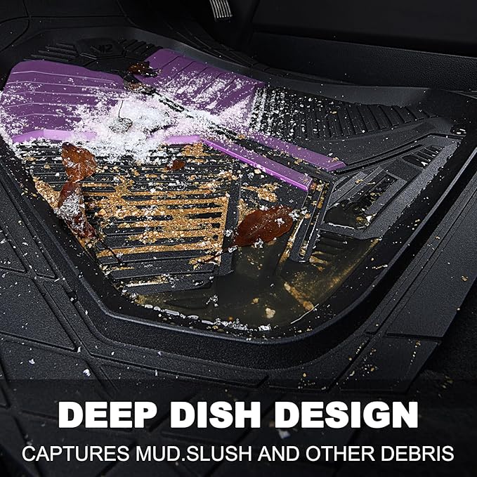CAR PASS Heavy Duty Rubber Car Mats, Deep Dish Car Floor Mats All Weather, Car Mats Full Set Trim to Fit for Sedans SUVs Trucks, Waterproof Anti-Slip Automotive Mats, Black and Purple (4 Pcs)
