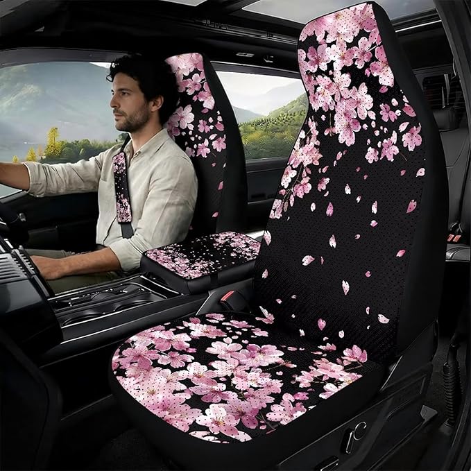 Psesaysky 5-Piece Auto Interior Covers Set Cherry Blossom PU Leather Breathable Front Seat Covers Seatbelt Covers & Armrest Pad for Cars, Trucks, SUVs, Vehicle Decor