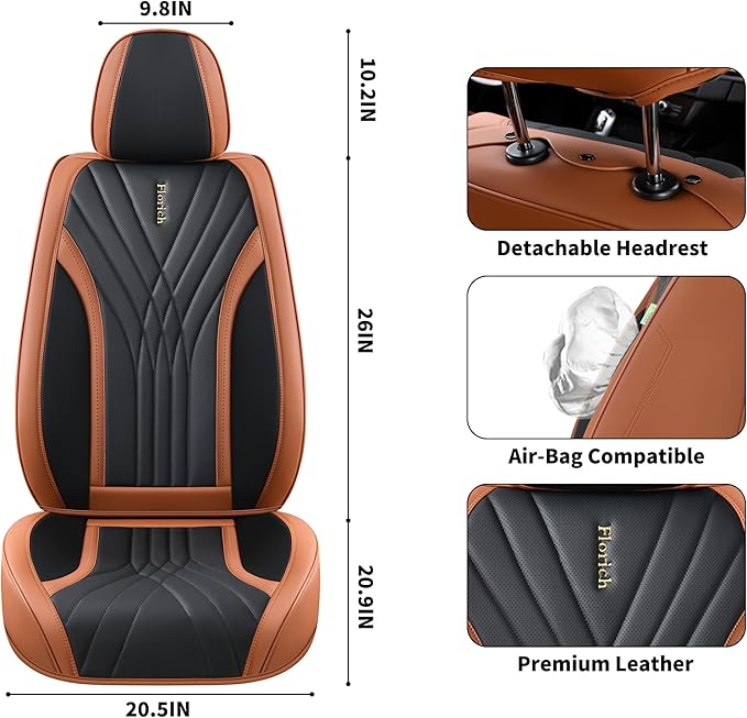 FLORICH Leather Seat Covers, Front Seat Covers,Waterproof Seat Cover for Cars, 2PCS Luxury Leatherette Brown Car Seat Cushion, Automotive Seat Covers for Sedan SUV Pick-up Truck