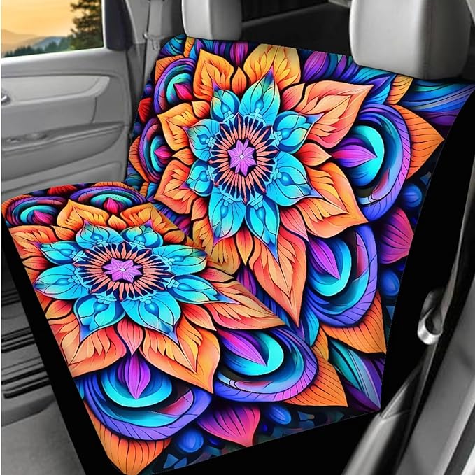 Dngkaoje Hippie Flower Car Seat Cover Set 13 Pack Colorful Hippie Lotus Auto Front Rear Seat Protector Full Set Universal Car Accessories with Seatbelt Shoulder Pads,Steering Wheel Covers,Garbage Bin