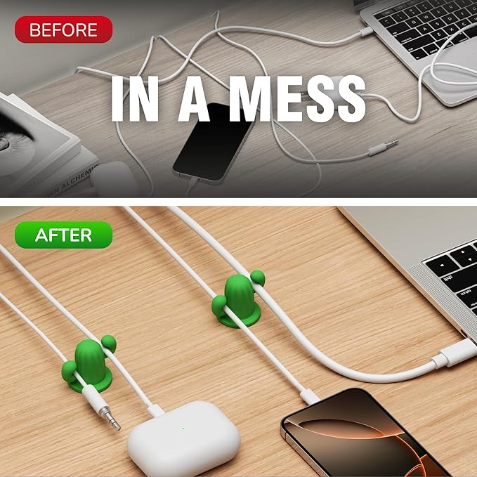 ELETIUO Cactus Cable Management Clip-Silicone Cable Clips Organizer with Strong Adhesive, Universal Cord Holder for Desk,Home,Car-Tangle-Free Wire Organizer for Type-C,USB, HDMI (2-Pack, Green)