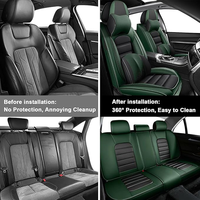 AREKA 5 Car Seat Covers for Subaru Crosstrek 2016-2026 Breathable Leather,Waterproof Car Seat Protectors with Comfort Headrest Pillows,Automotive Vehicle Cushion with Storage Pockets (Luxury,Green)