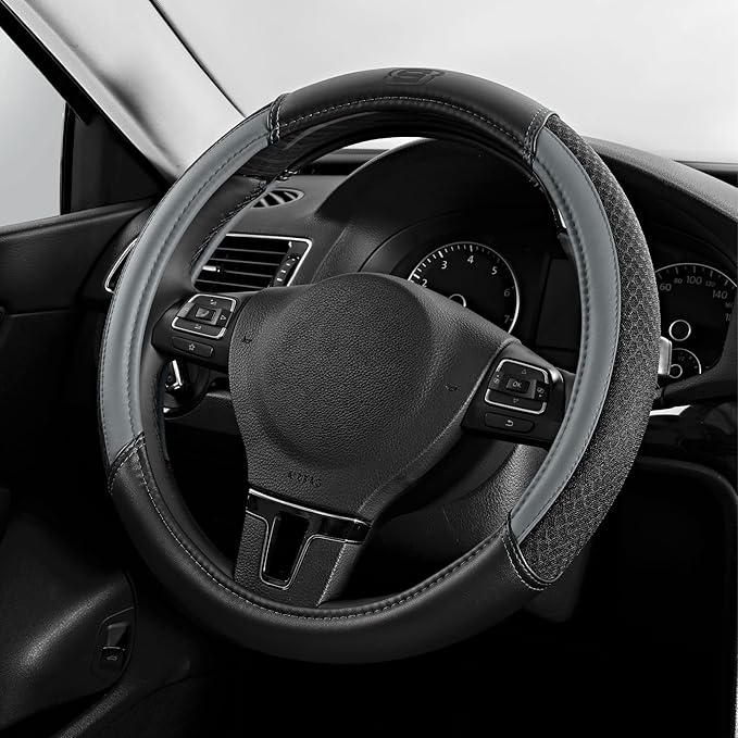 Skechers Air-Cooled Steering Wheel Cover,Leather Car Steering Wheel Cover Universal Fit 14" 1/2-15" Car Wheel Protector for Men Women Fit Suvs,Vans,Sedans,Car,Trucks,Gray