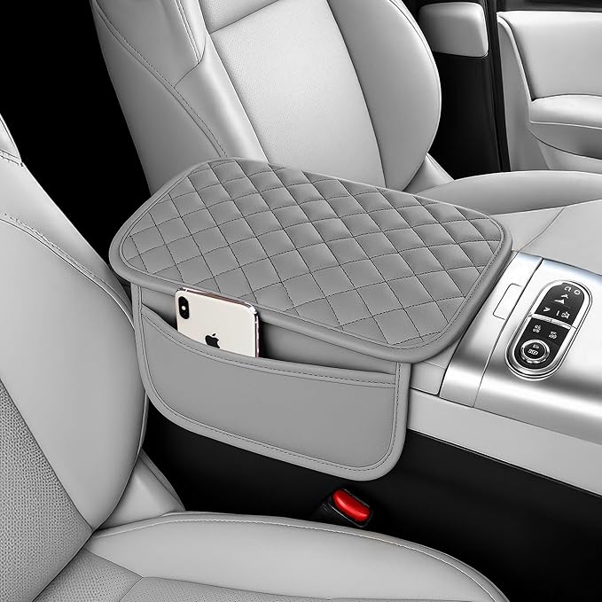 Car Middle Center Console Cover with 2 Storage,Microfiber Nappa Leather Gray Car Armrest Cover Cushion with 2 Bags,Universal Car Armrest Storage Box Car Interior Accessories for Most Vehicles