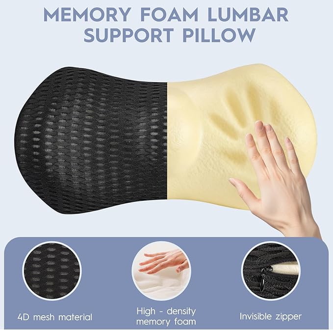 Lumbar Support Pillow for Office Chair Car Seat, Memory Foam Lumbar Pillow Lower Back Pain Relief Support Cushion Back Pillow for Sleeping,Driving,Resting,Chair Cushions Office Home Essentials,Black