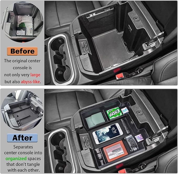 RUNROAD Center Console Organizer Tray Compatible with 2019-2022 Chevy Silverado 1500/GMC Sierra 1500 and 20-23 Silverado/Sierra 2500HD/3500HD Accessories, Full Console with Bucket Seats ONLY, Black