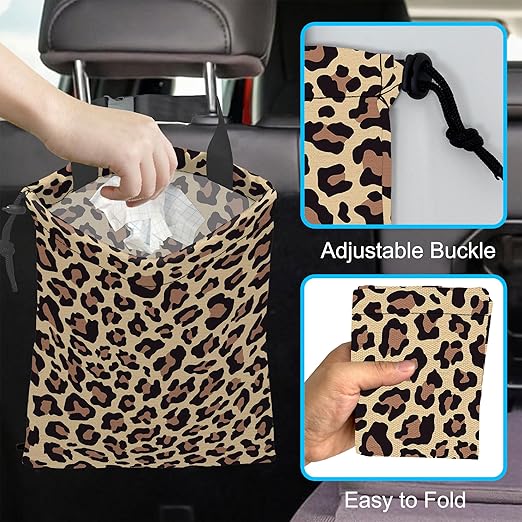 ghatobty Car Trash Bag Hanging Brown Leopard Print Car Trash Can Waterproof Garbage Bag Hanging for Car Back Seat