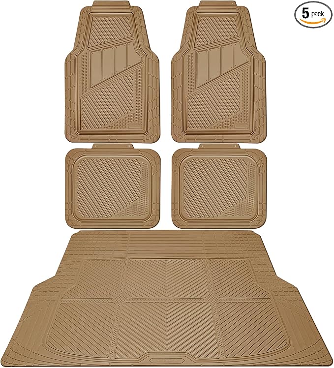 CAR PASS Heavy Duty Rubber Floor Mats Gray Car Mats Full Set with Trunk Cargo Liner - Universal Waterproof Floor Mats for Car SUV Truck, Durable All Weather Automotive Liner Mats (All Beige)