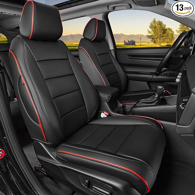 HKZ Fit CRV Car Seat Covers Full Set for Honda CR-V 2023 2024 2025 2026 CRV LX;EX;EX-L;Sport;Touring;Special Edition & Hybrid Model - Leather (Black with Red Trim)
