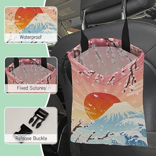 NHNXHWIA Plum Blossoms Car Trash Bag,Sunrise Hanging Drawstring Car Garbage Bag,Waterproof Canvas Car Back Seat Organizer with Adjustable Buckle,for Vehicles,SUVs,Camping,Road Trips