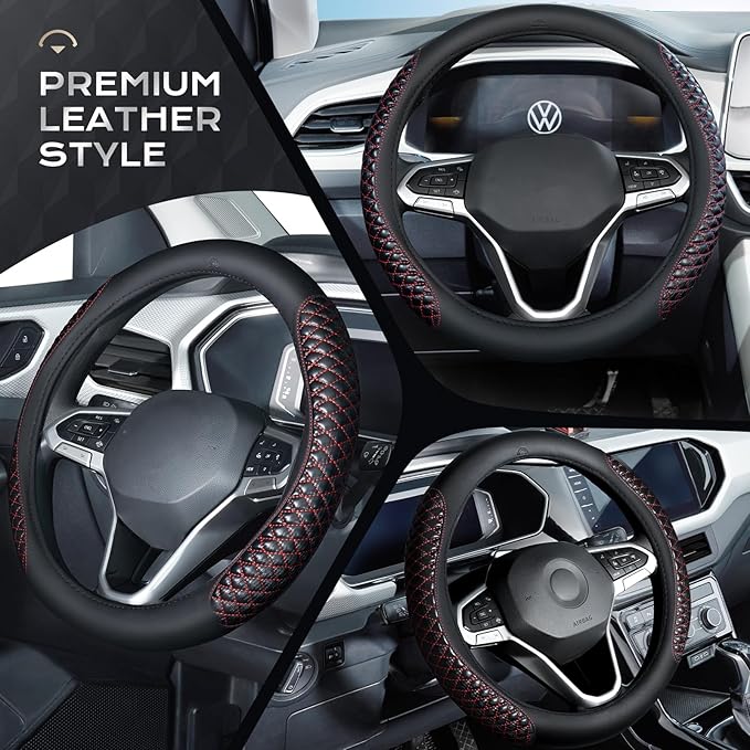 Coverado Car Steering Wheel Cover, Nappa Leather Black & Redline Steering Wheel Covers, Universal 14-15 inch, Anti-Slip, Breathable Steering Wheel Protector for Women Men