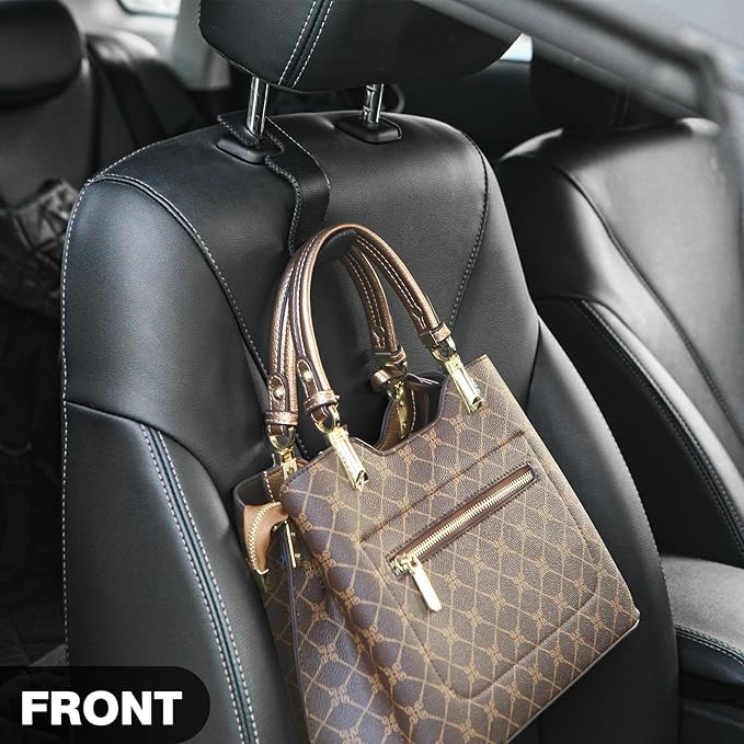 AMVOYOA Leather-Wrapped Car Headrest Hooks & Seat Back Organizer - 2 Pack U-Shaped Car Purse Holder for Bags, Coats, Handcrafted Stitching, Flexible Car Accessories for Women (Brown)