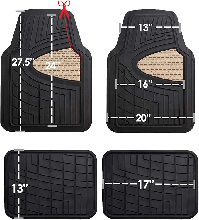 TLH Premium Tall Channel Rubber Car Trimmable Floor Mats - Heavy-Duty Beige Rubber Floor Mats, Universal Fit Full Set, Climaproof™ Floor Mats, Trimmable Floor Mats for Most Sedan, SUV, Truck