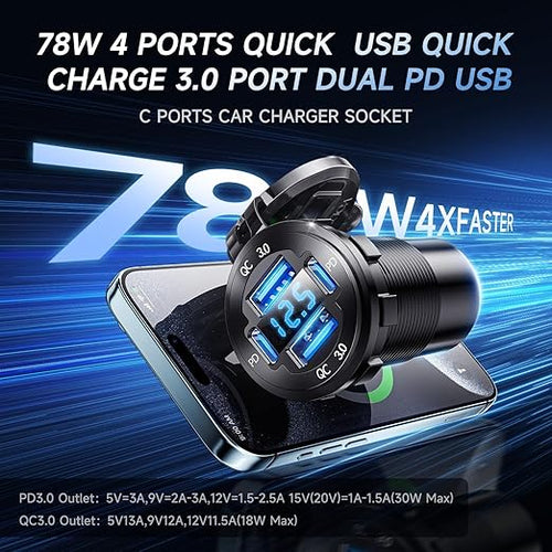 12V USB Charger with 4 Ports, Upgraded Aluminum Alloy Car Outlet with LED Voltmeter Display, for 12/24V Car Golf Cart Boat Marine Bus Truck RV Marine Motorcycle etc. (1PC)