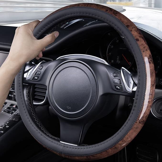 CAR PASS Wood Grain Microfiber Leather Steering Wheel Cover, Universal Fit for 14 1/2-15 inch Black Steering Wheel, Anti-Skip Veins Design,Cars, Suvs,Vans, Sedans (Black)