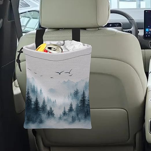 ghatobty Car Trash Bag Hanging Misty Forest and Birds Car Trash Can Waterproof Garbage Bag Hanging for Car Back Seat