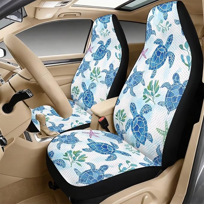 FUSURIRE Sea Turtle Pattern Car Interior Accessory Set of 5,PU Front Seat Covers, Seat Belt Covers & Center Armrest Pad,Universal for Car, SUVs,Van,Small Trucks