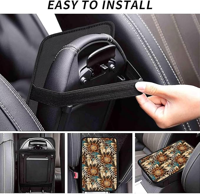 Sunflower Center Console Armrest Cover Flower Floral Leopard Car Interior Accessories Arm Rest Seat Box Covers Protector Cars Decor Accessory