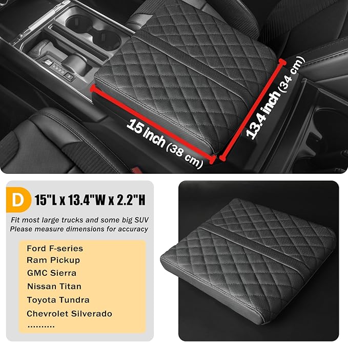 POKSRI Truck Center Console Cover/pad Genuine Leather,Universal large Armrest mat, Adjust driving posture Cushion,Real cowhide,keep driving safety,f150 sierra titan silverdo tundra