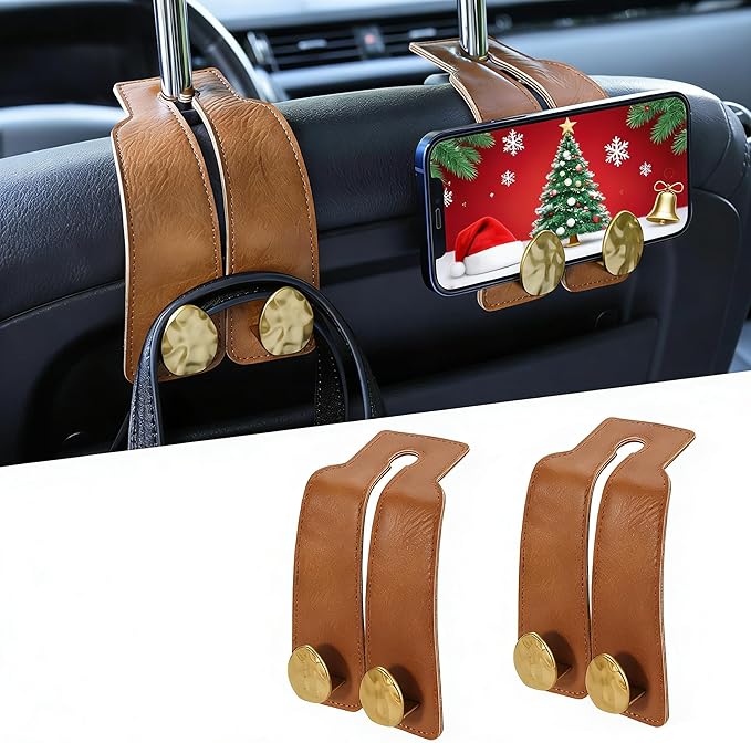 URIZZD 2PCS Leather Car Seat Hooks for Headrest, Vehicle Hanger Storage Organizer Universal for Handbag Purse, Car Accessories Gift (Brown-Gold)