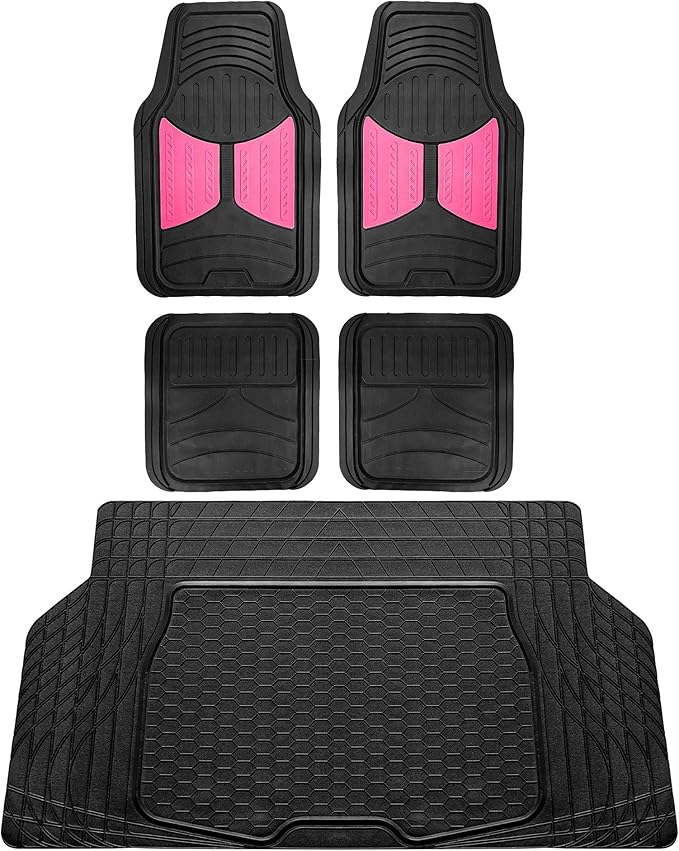 FH Group Monster Eye Full Set Rubber Floor Mats w. Trimmable Vinyl Trunk Liner/Cargo Mat Black- Fit Most Car, Truck, SUV, or Van (Pink/Black) F11313- F16403