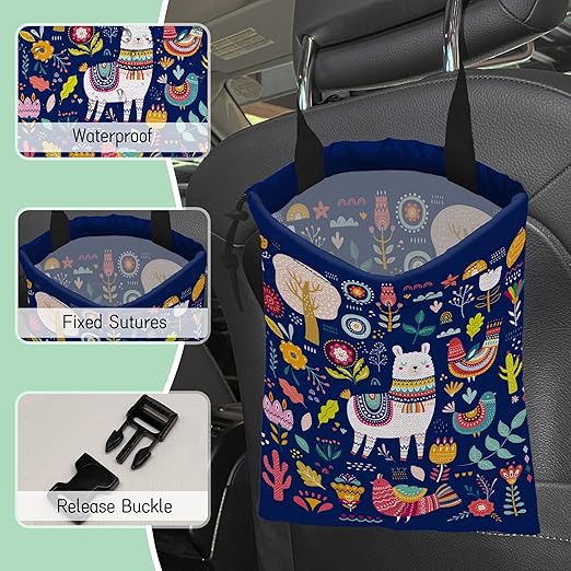 Boho Llama Car Garbage Bag,Colorful Flowers Waterproof Small Car Trash Bag Hanging Back of Seat,Drawstring Hanging Car Trash Bag with Adjustable Buckle for Car Accessories