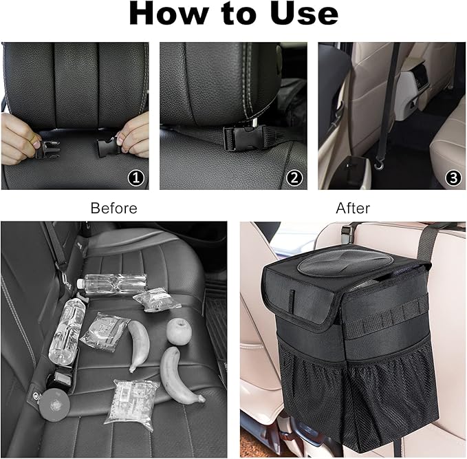 GPUSFAK Car Trash Can Pack of 2 Foldable Garbage Bin Leakproof 2.3 Gallons Car Trash Bag Black