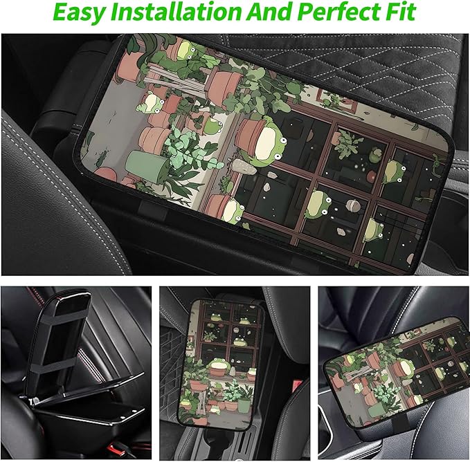 JANENFNA Car Armrest Cover Pads Universal Fashion Cute Auto Center Console Armrest Cover Pad with 2PCS Car Coasters Soft Waterproof Car Armrest Seat Protector for Women,Cute Green Frog