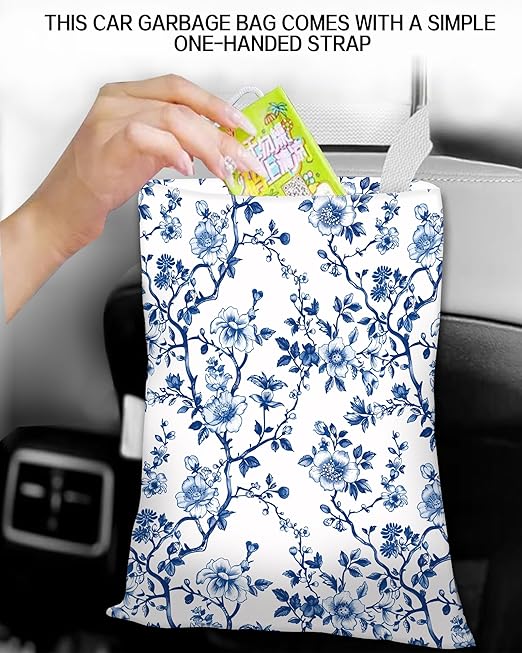 ANKVRP Car Trash Can, Durable Hanging Car Trash Garbage Bag, Cute Automotive Garbage Cans Organizer, Cute Blue Floral