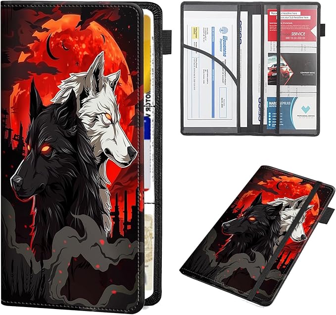 RAUEDWDJS Car Registration and Insurance Holder,Leather Vehicle Glove Box Organizer Wallet Case for Driver's License,ID Key Information Cards-Moonwolf