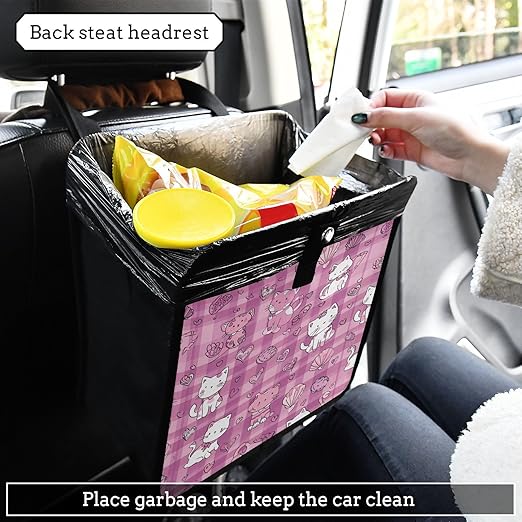 Car Trash Can Organizer Bin with Adjustable Strap for Back Front Seat Console Waterproof Leakproof Collapsible Portable 11 Inch Checkered Pink Kittens Hearts Shells