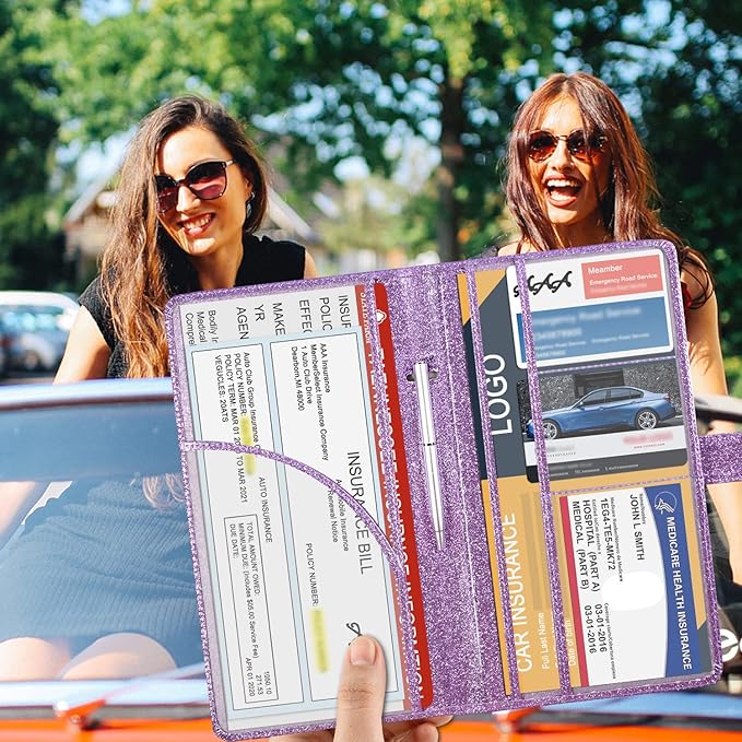 DMLuna Car Registration and Insurance Holder, Leather Vehicle Card Document Glove Box Organizer, Auto Truck Compartment Accessories for Essential Information, Driver License Cards, Glitter Purple