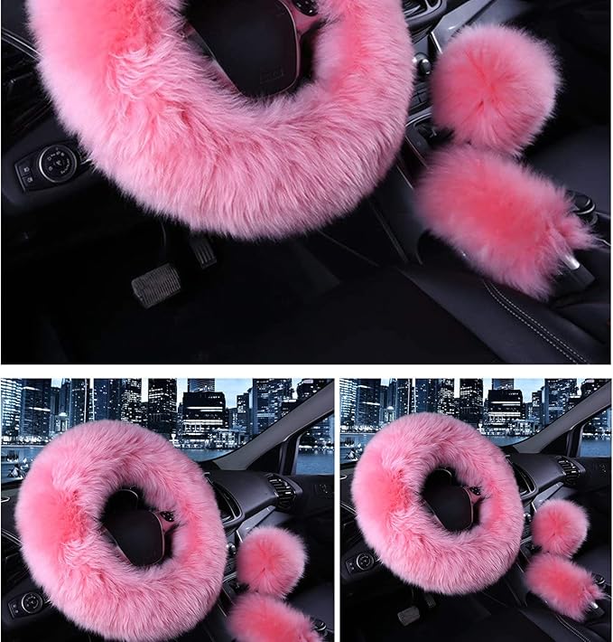 3 Pcs Car Steering Wheel Cover & Handbrake Cover & Gear Shift Cover Set Faux Wool Warm Winter (Pink)