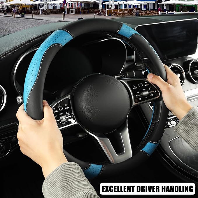 Binsheo Microfiber Leather Steering Wheel Cover, Breathable, Anti Slip, 13.5 inch to 14 inch, Black with Blue