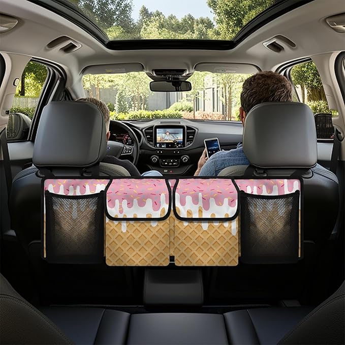 CLOHOMIN Ice Cream Car Trunk Organizer Fashion Car Trunk Mesh Storage Large Capacity Backseat Hanging Organizer Collapsible Cargo Storage Organizer with 4 Pockets Gifts for Friends