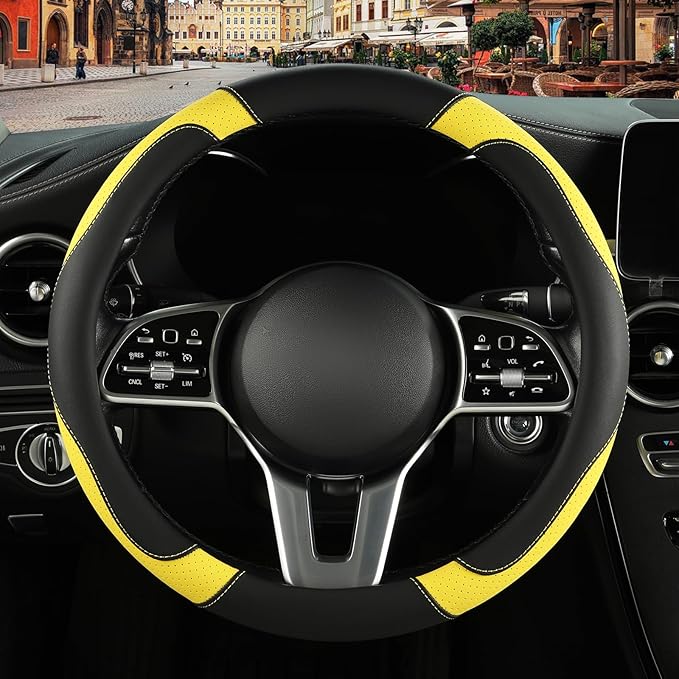 Binsheo Leather Steering Wheel Cover, Breathable, Anti Slip & Odor Free, Black and Yellow