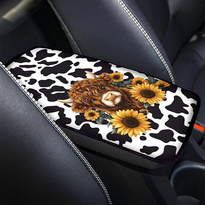 Highland Cattle Cow Print Car Center Console Cover Pad,Universal Armrest Seat Box Cover for Most Vehicle, SUV, Truck